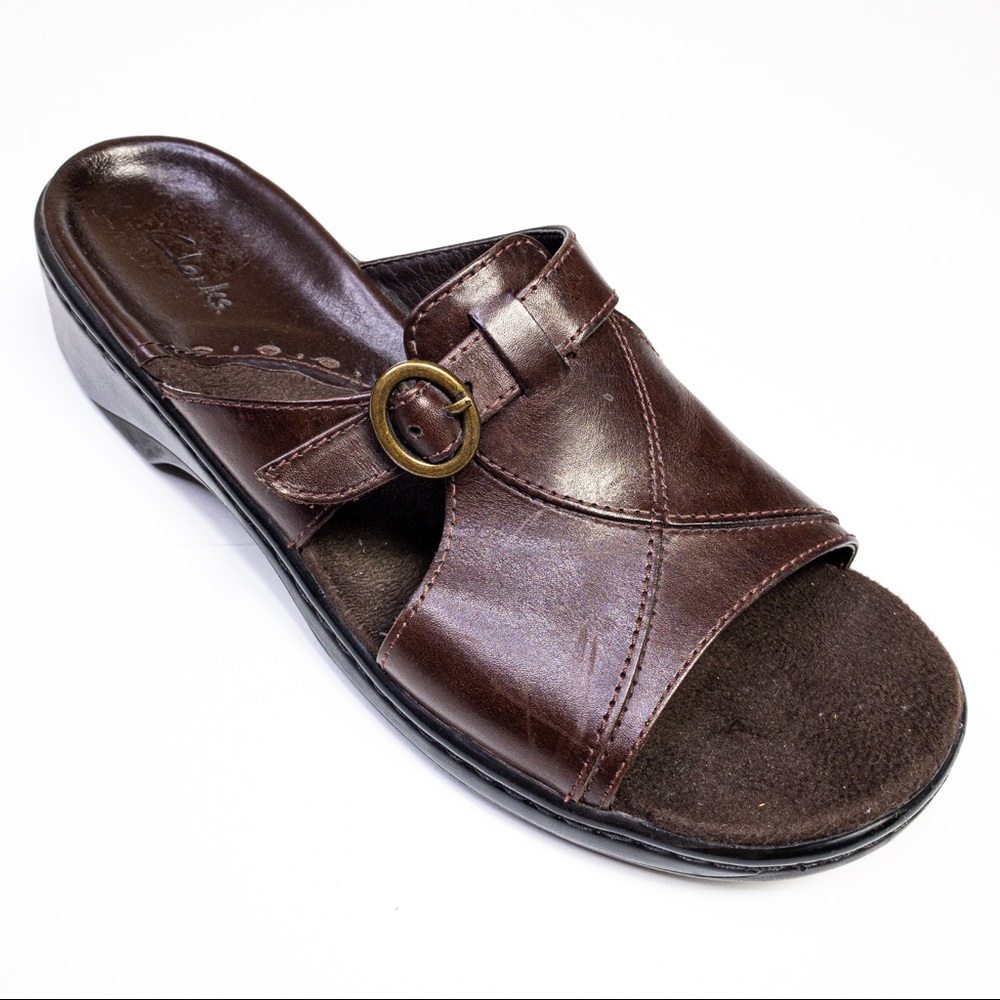 Clark’s Brown Leather Slides With Brad’s Buckle